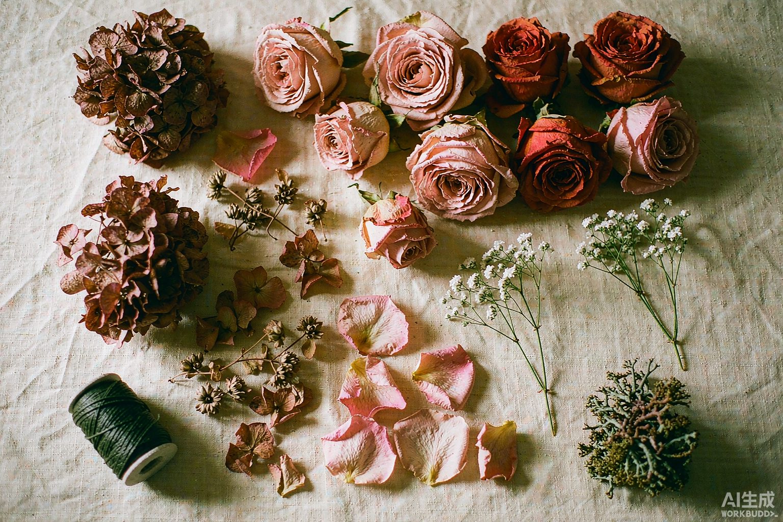 Preserved flower raw materials laid out on a workroom table