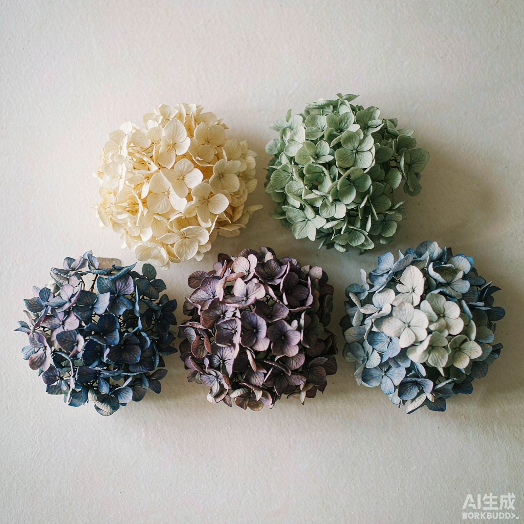 Preserved hydrangea heads across a colour range